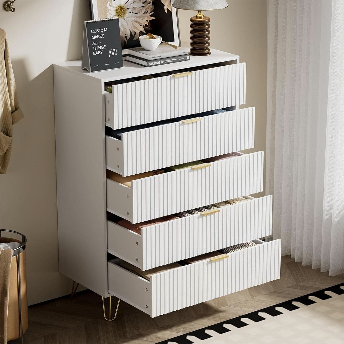 Tall White Contemporary Fluted Dresser With Gold Pulls