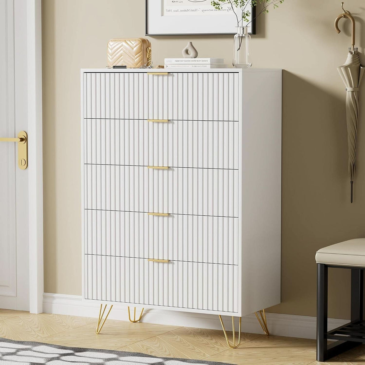Tall White Contemporary Fluted Dresser With Gold Pulls