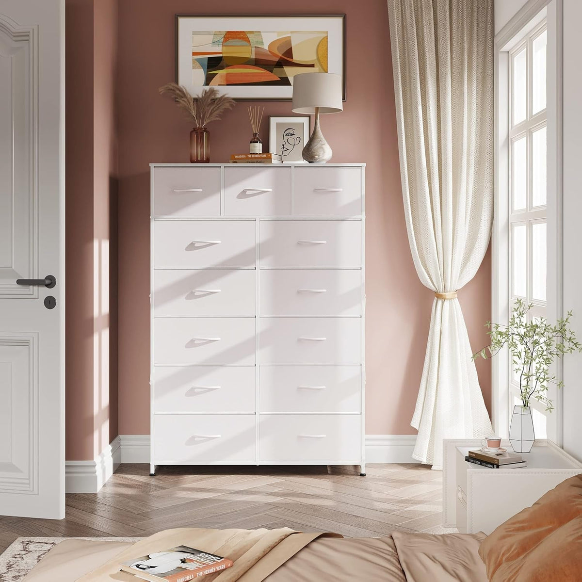 Tall White Dresser With 13 Drawers Wood Top And Steel Frame