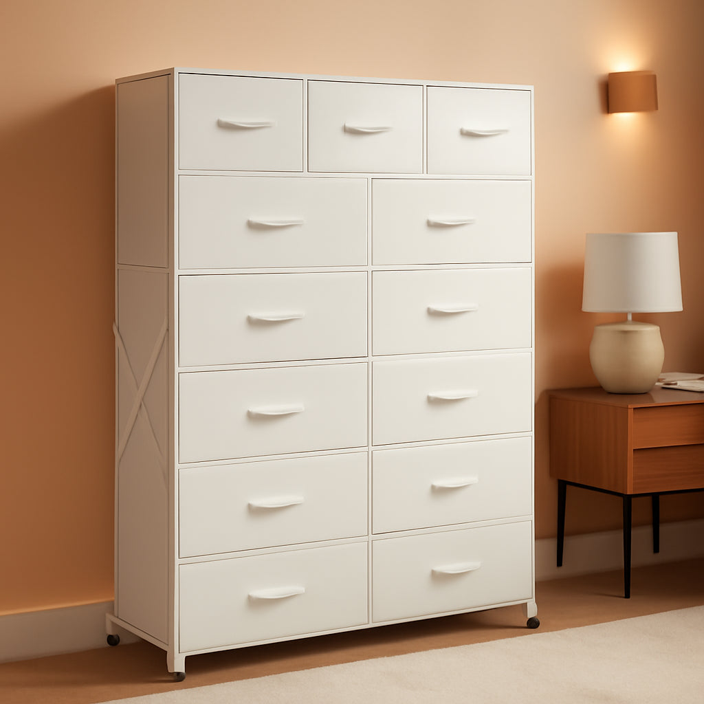 Tall White Dresser With 13 Drawers Wood Top And Steel Frame