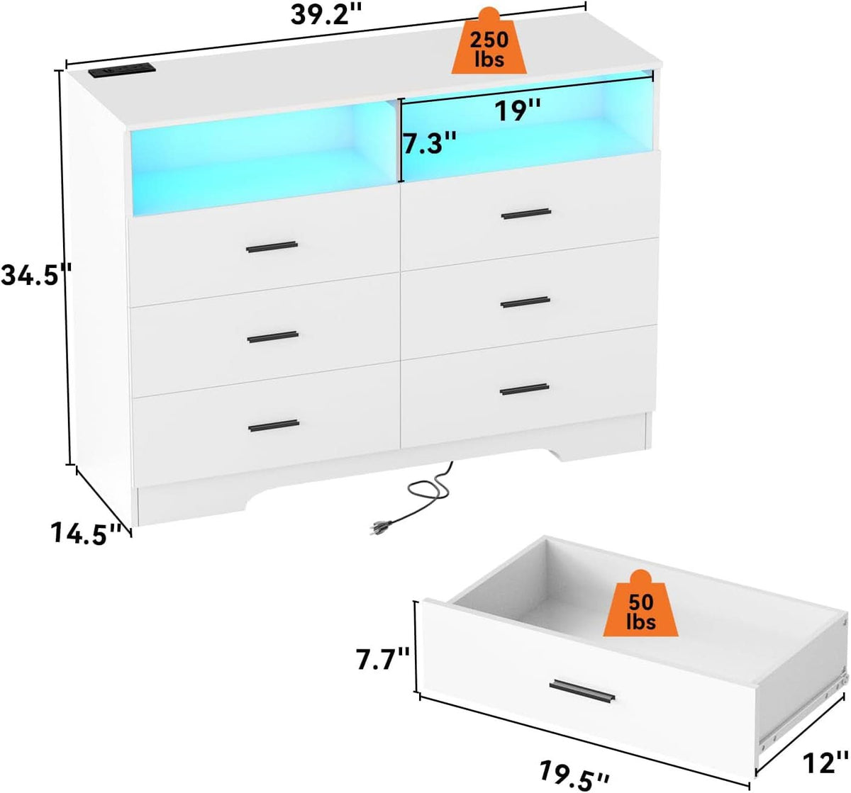 Tall White Six Drawer Dresser With Built In Power Outlets