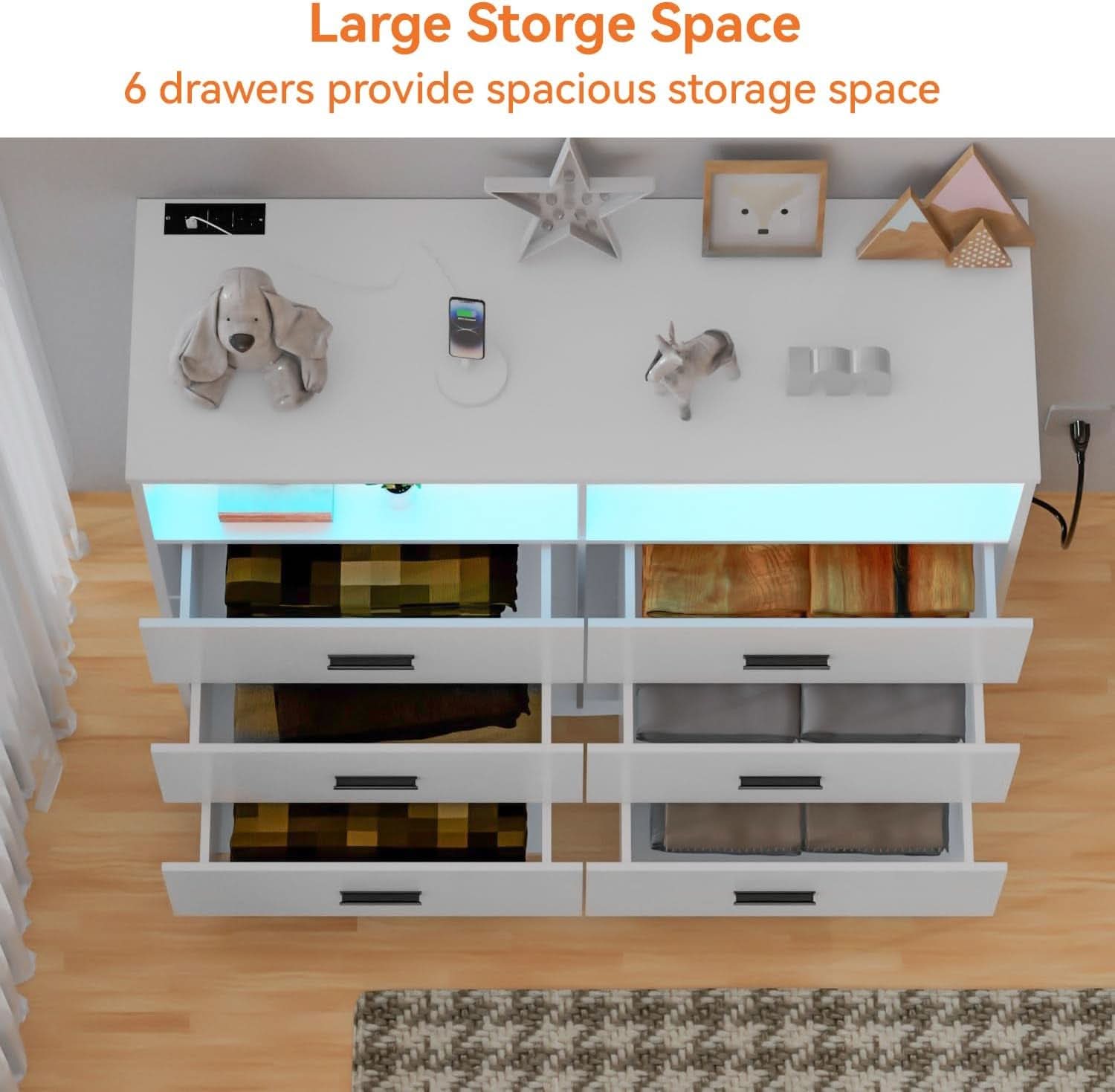 Tall White Six Drawer Dresser With Built In Power Outlets