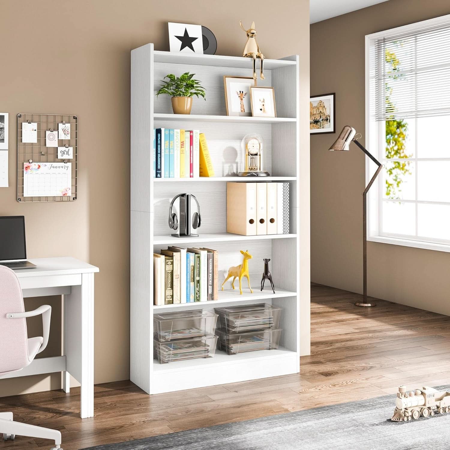 Tall White Six Tier Bookcase 72 Inches Contemporary Wood