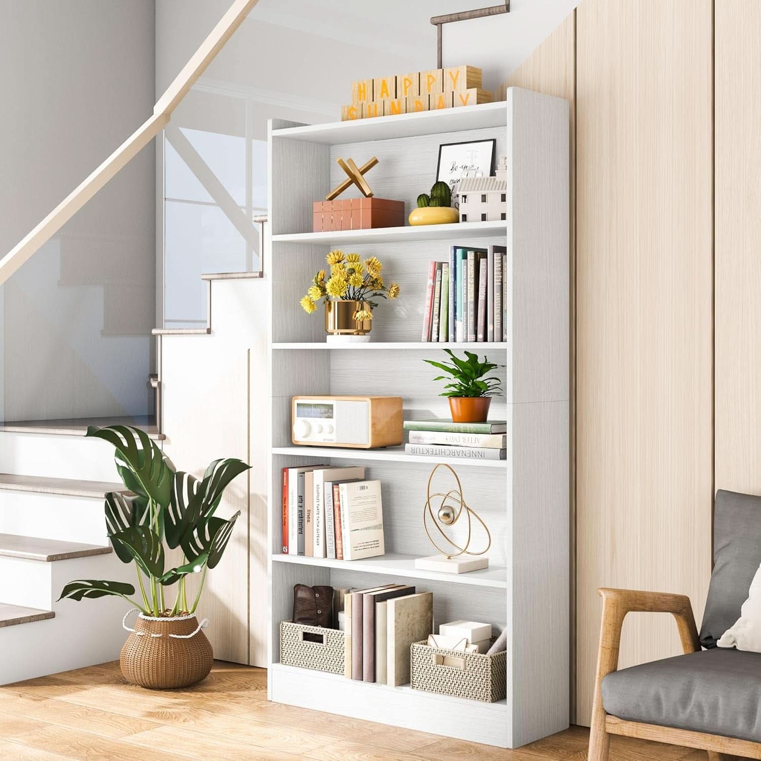 Tall White Six Tier Bookcase 72 Inches Contemporary Wood
