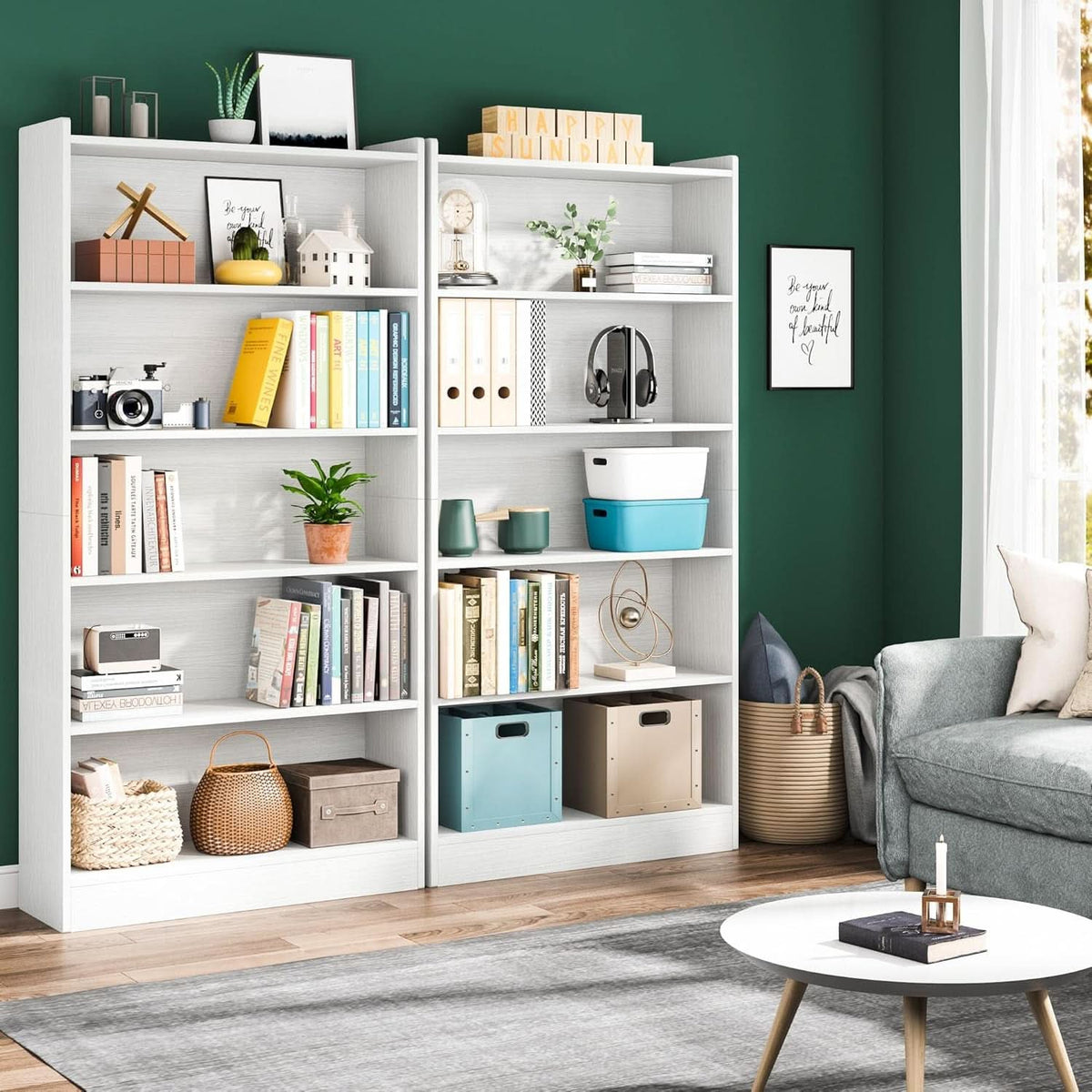 Tall White Six Tier Bookcase 72 Inches Contemporary Wood