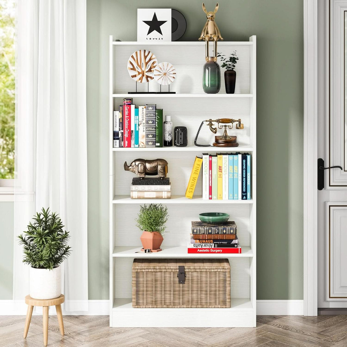 Tall White Six Tier Bookcase 72 Inches Contemporary Wood