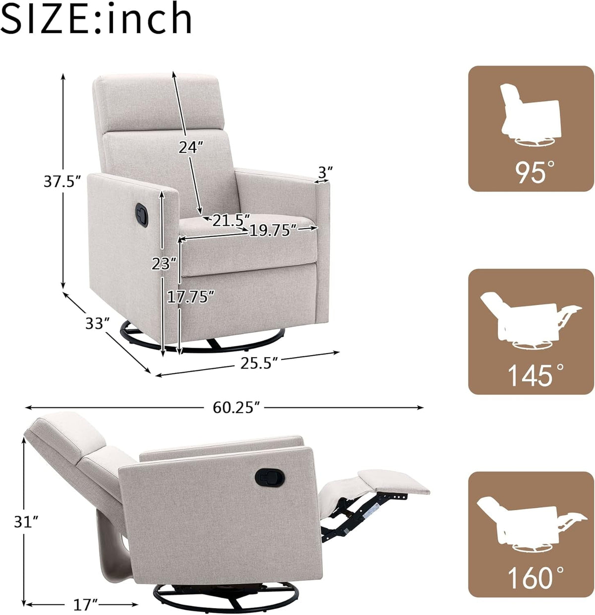 Tan Linen Swivel Rocker Recliner With Adjustable Headrest