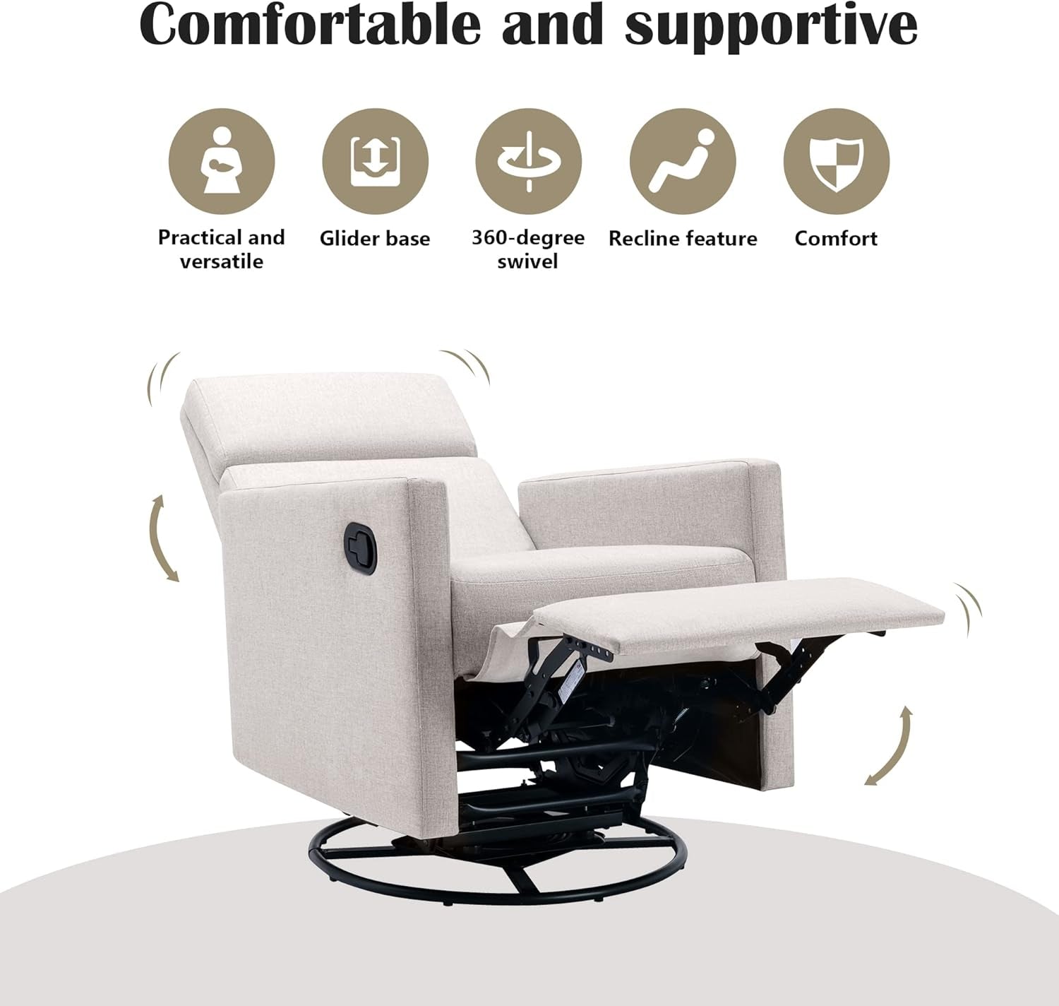 Tan Linen Swivel Rocker Recliner With Adjustable Headrest