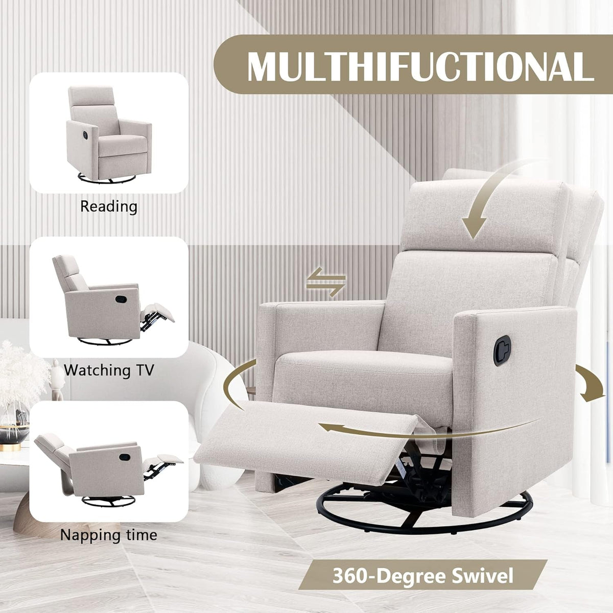 Tan Linen Swivel Rocker Recliner With Adjustable Headrest