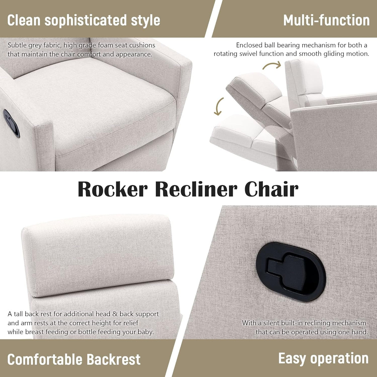 Tan Linen Swivel Rocker Recliner With Adjustable Headrest