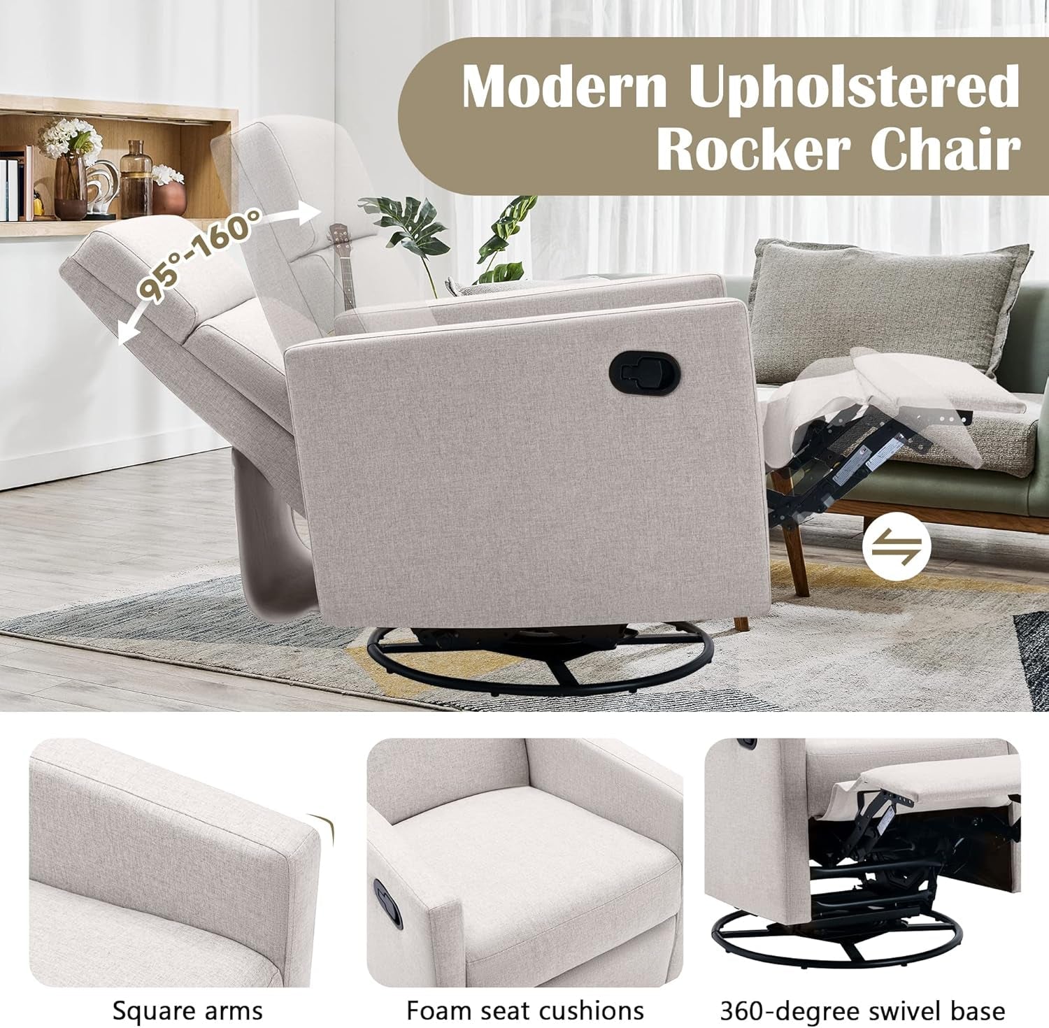 Tan Linen Swivel Rocker Recliner With Adjustable Headrest