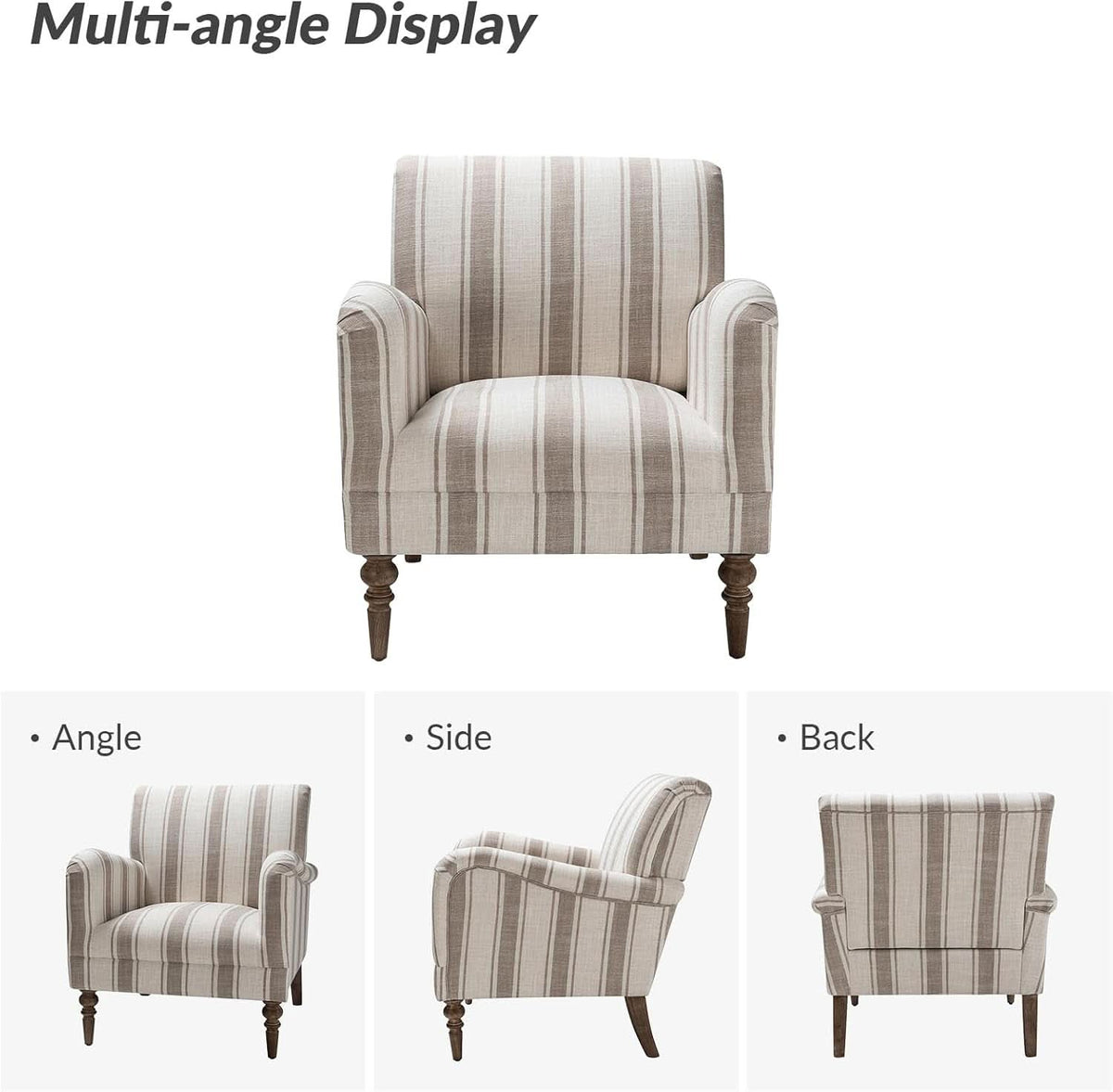 Tan Stripe Accent Chair With Wooden Legs For Living Room