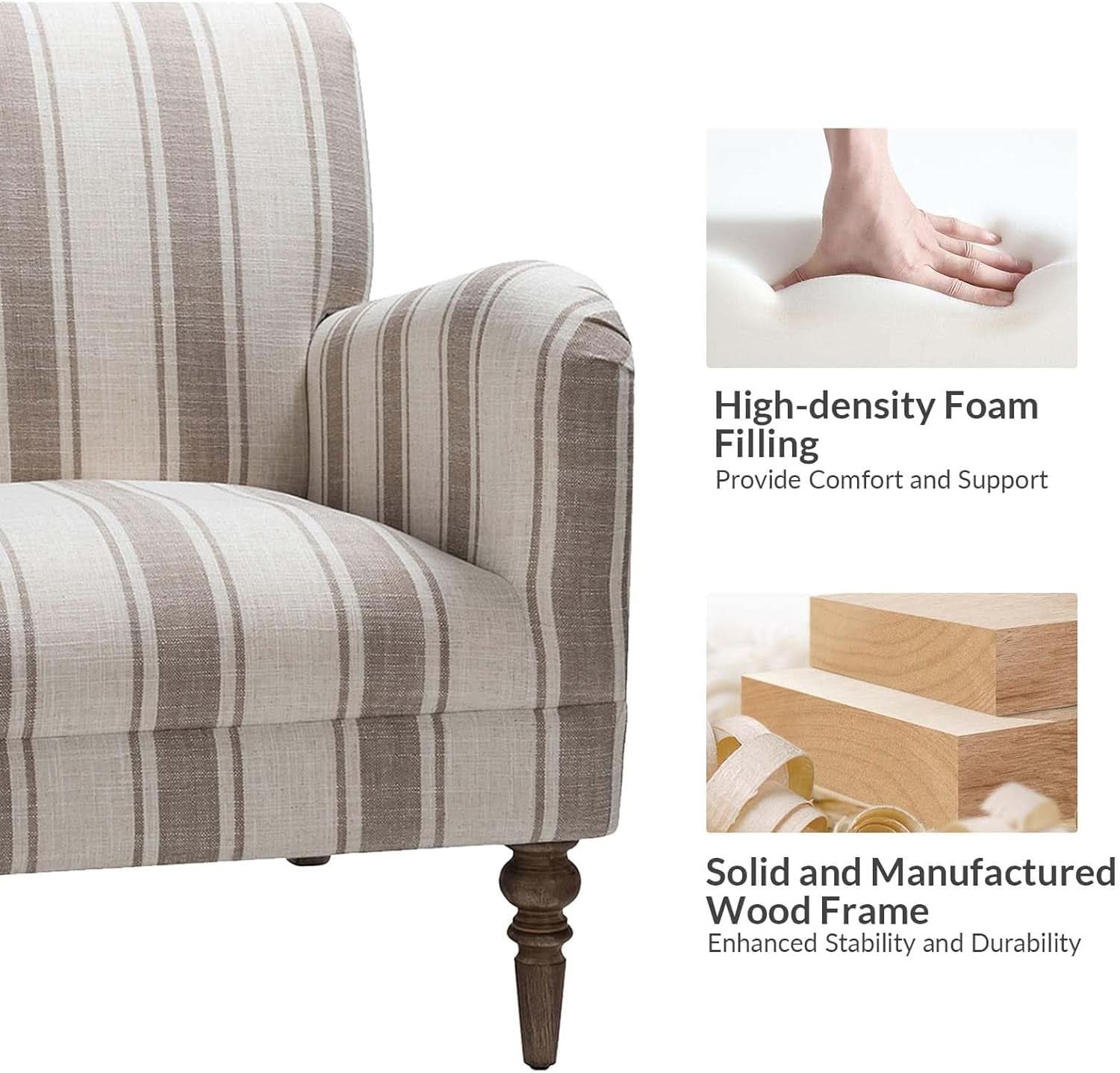 Tan Stripe Accent Chair With Wooden Legs For Living Room