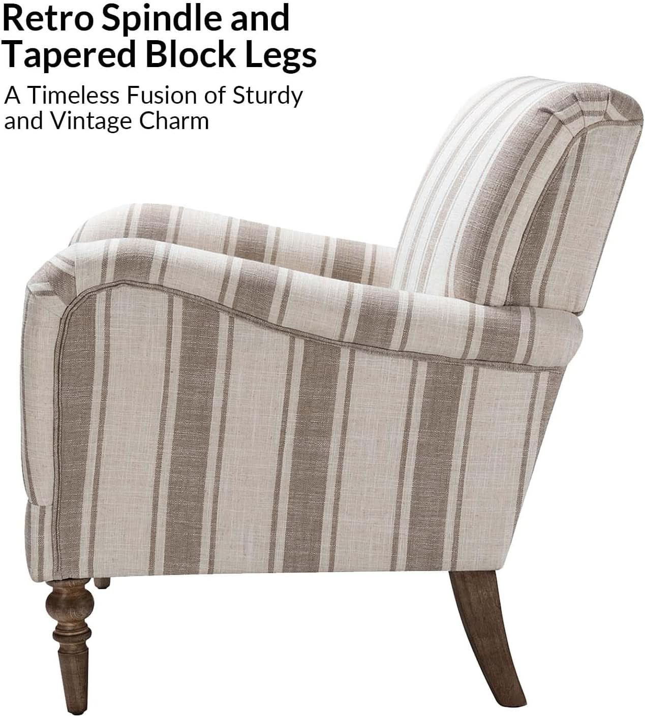 Tan Stripe Accent Chair With Wooden Legs For Living Room