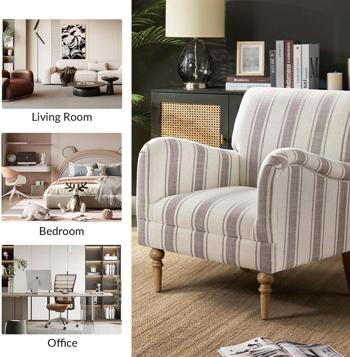 Tan Stripe Accent Chair With Wooden Legs For Living Room