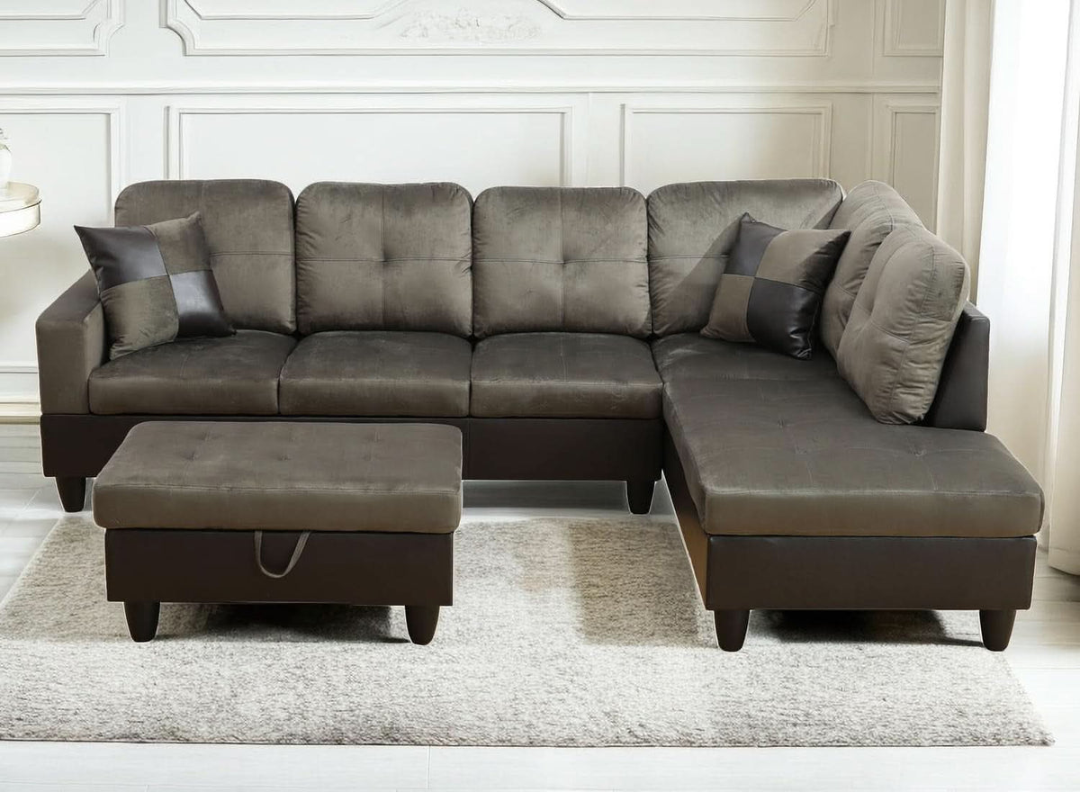 Taupe 105 Inch L Shaped Sectional Sofa With Storage Ottoman