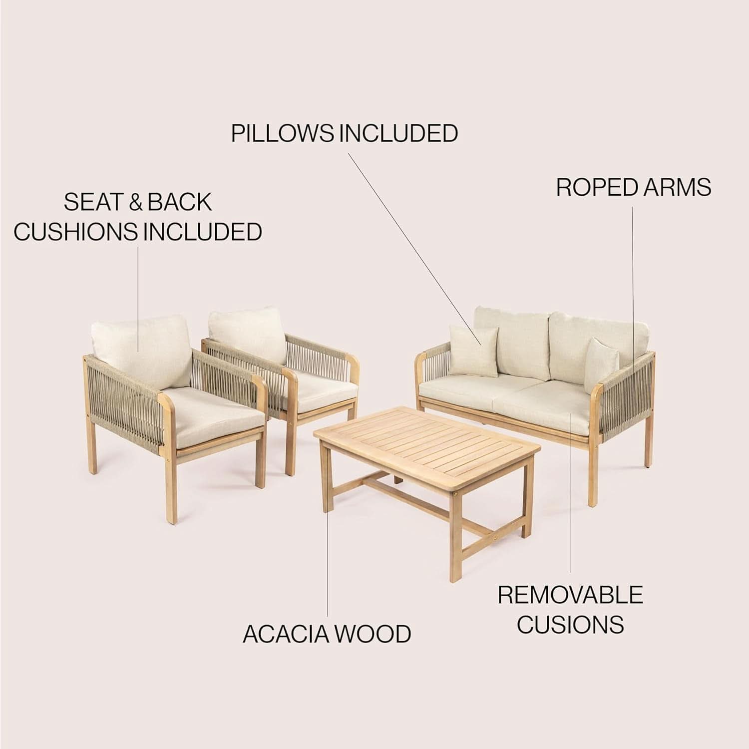 Tavira 4 Piece Patio Set In Acacia Wood Beige Cushions
