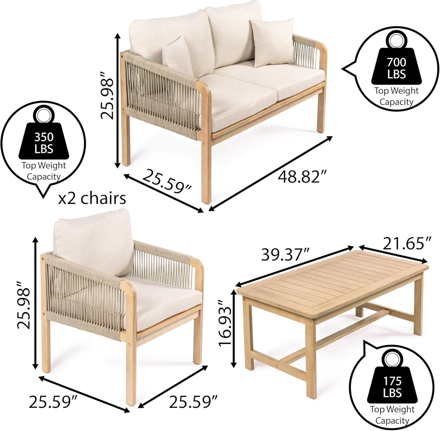 Tavira 4 Piece Patio Set In Acacia Wood Beige Cushions