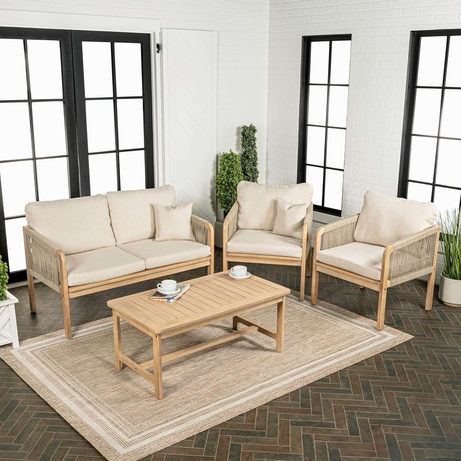 Tavira 4 Piece Patio Set In Acacia Wood Beige Cushions