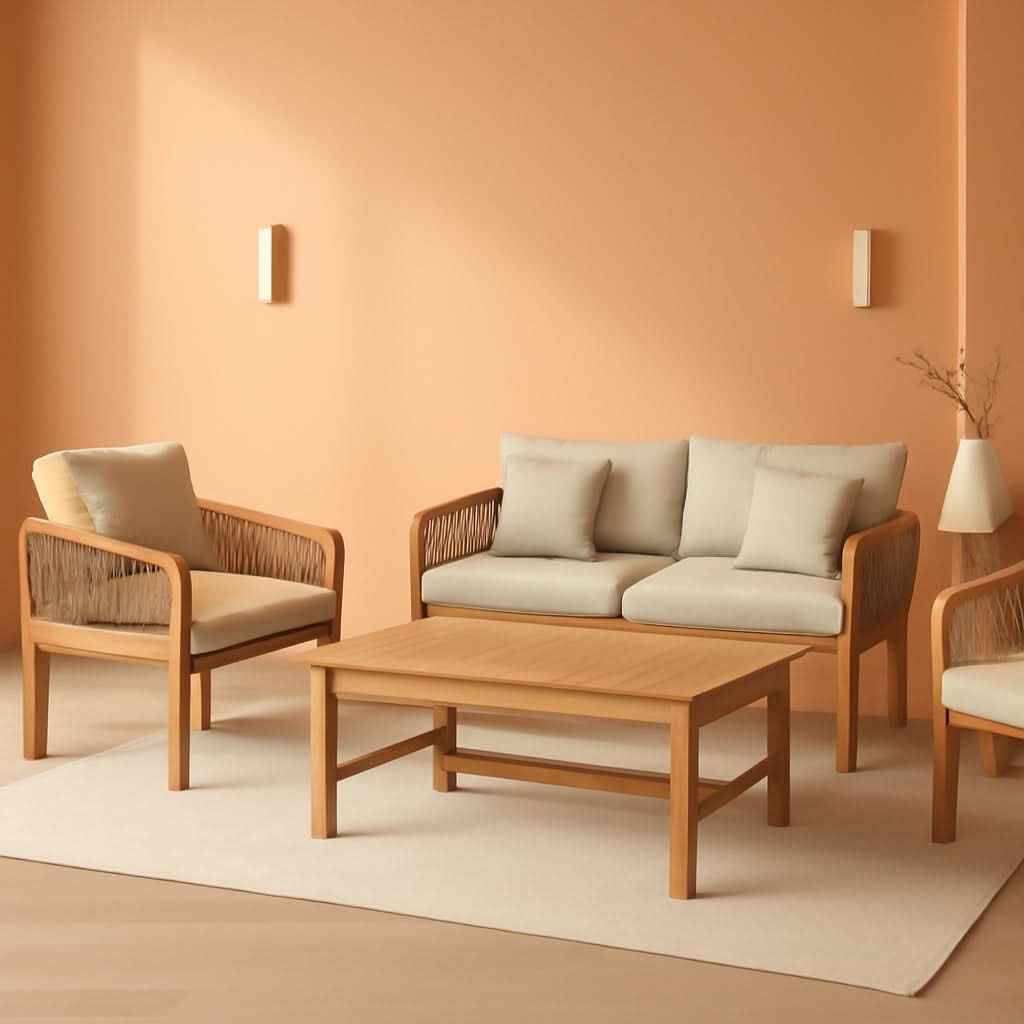 Tavira 4 Piece Patio Set In Acacia Wood Beige Cushions