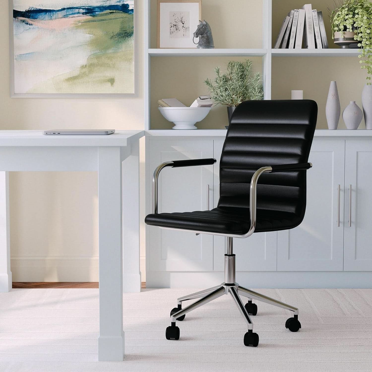 Taytum Swivel Task Chair With Armrests Black Faux Leather Home Office