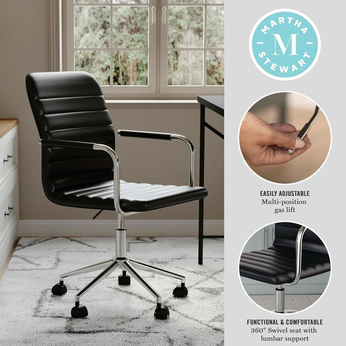 Taytum Swivel Task Chair With Armrests Black Faux Leather Home Office