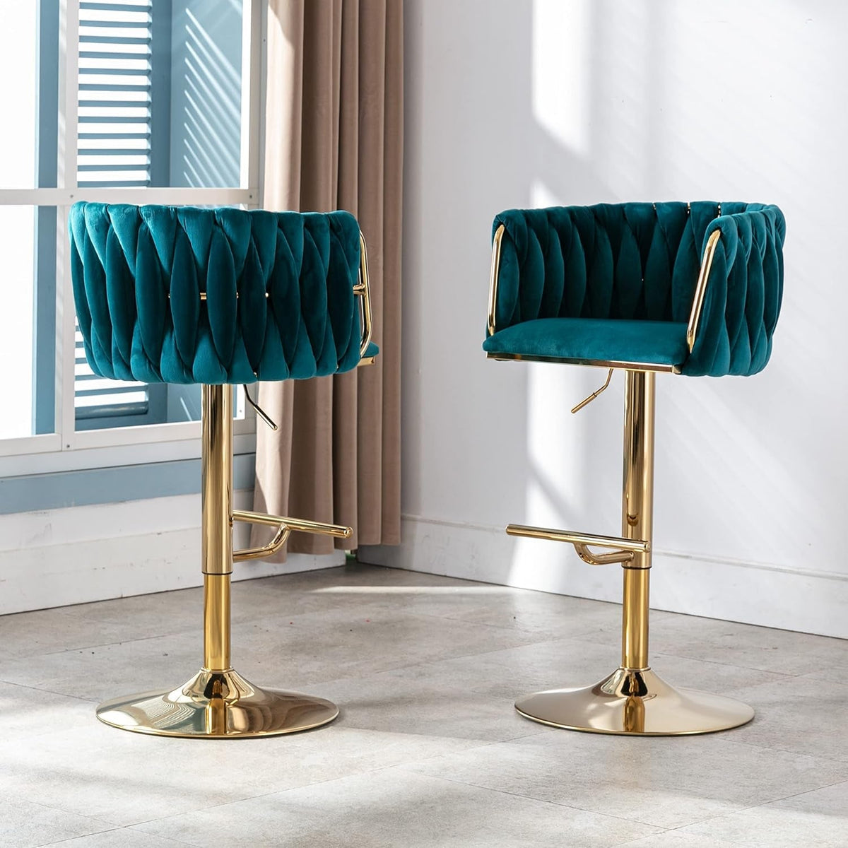Teal Velvet Adjustable Height Swivel Bar Stools Set Of 2