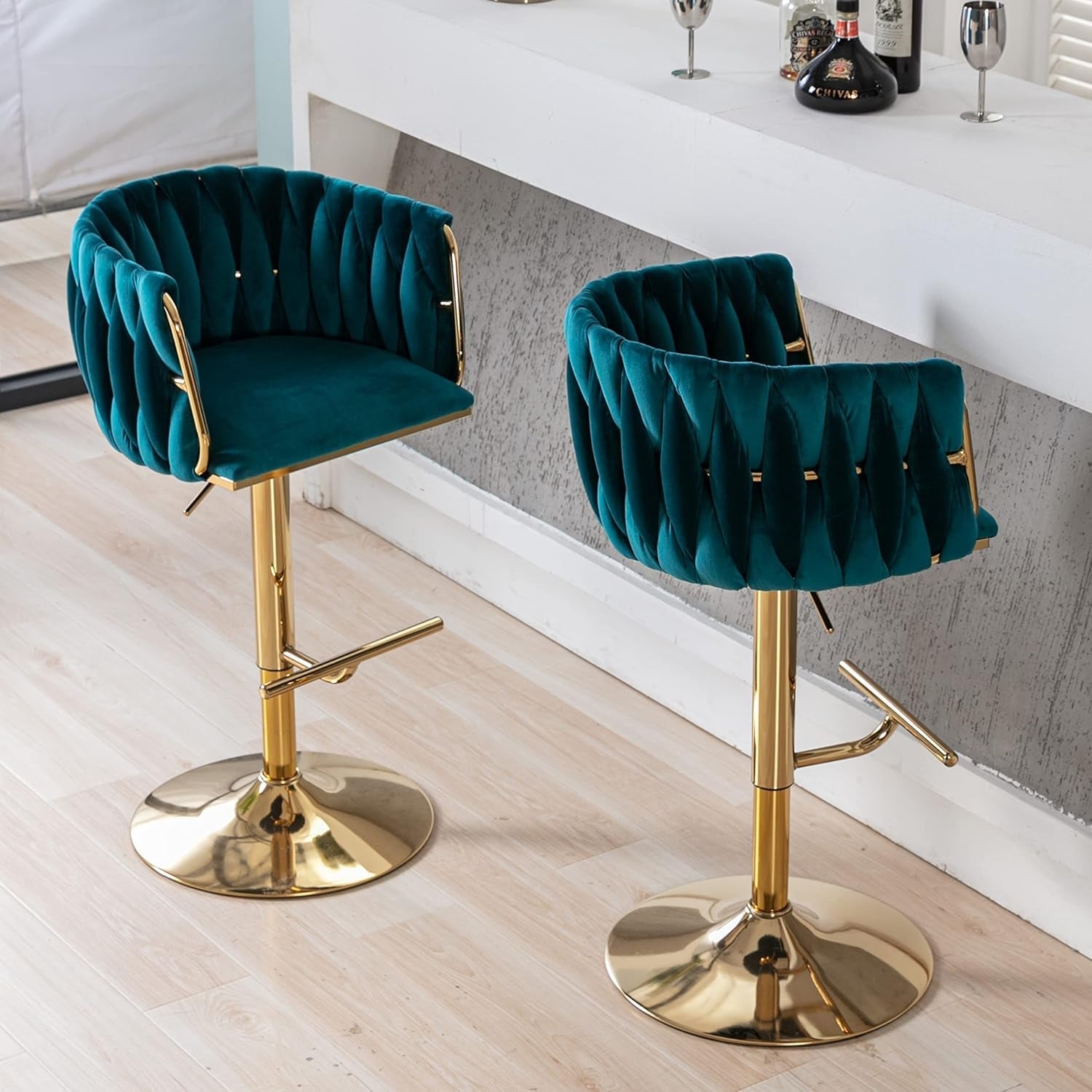 Teal Velvet Adjustable Height Swivel Bar Stools Set Of 2