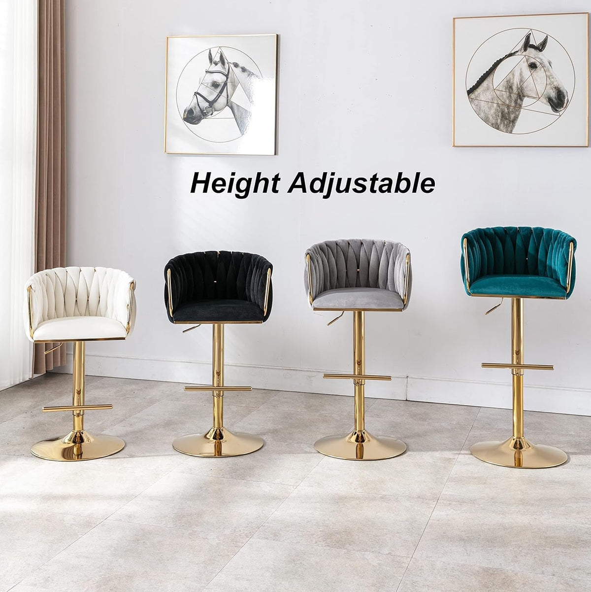 Teal Velvet Adjustable Height Swivel Bar Stools Set Of 2