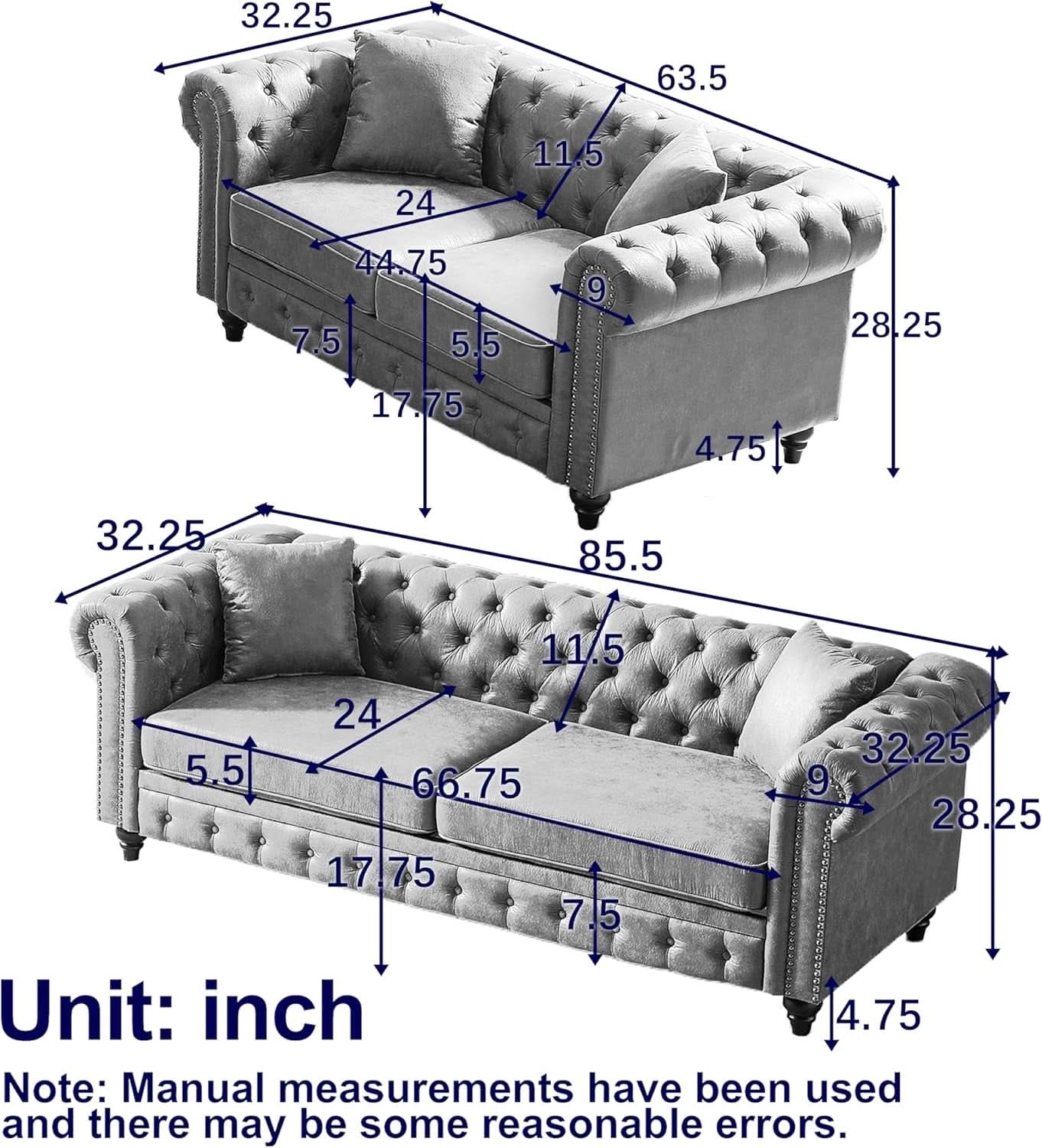 Tech Fabric Upholstered Living Room Sofa Set With Three Seater And Loveseat In Grey