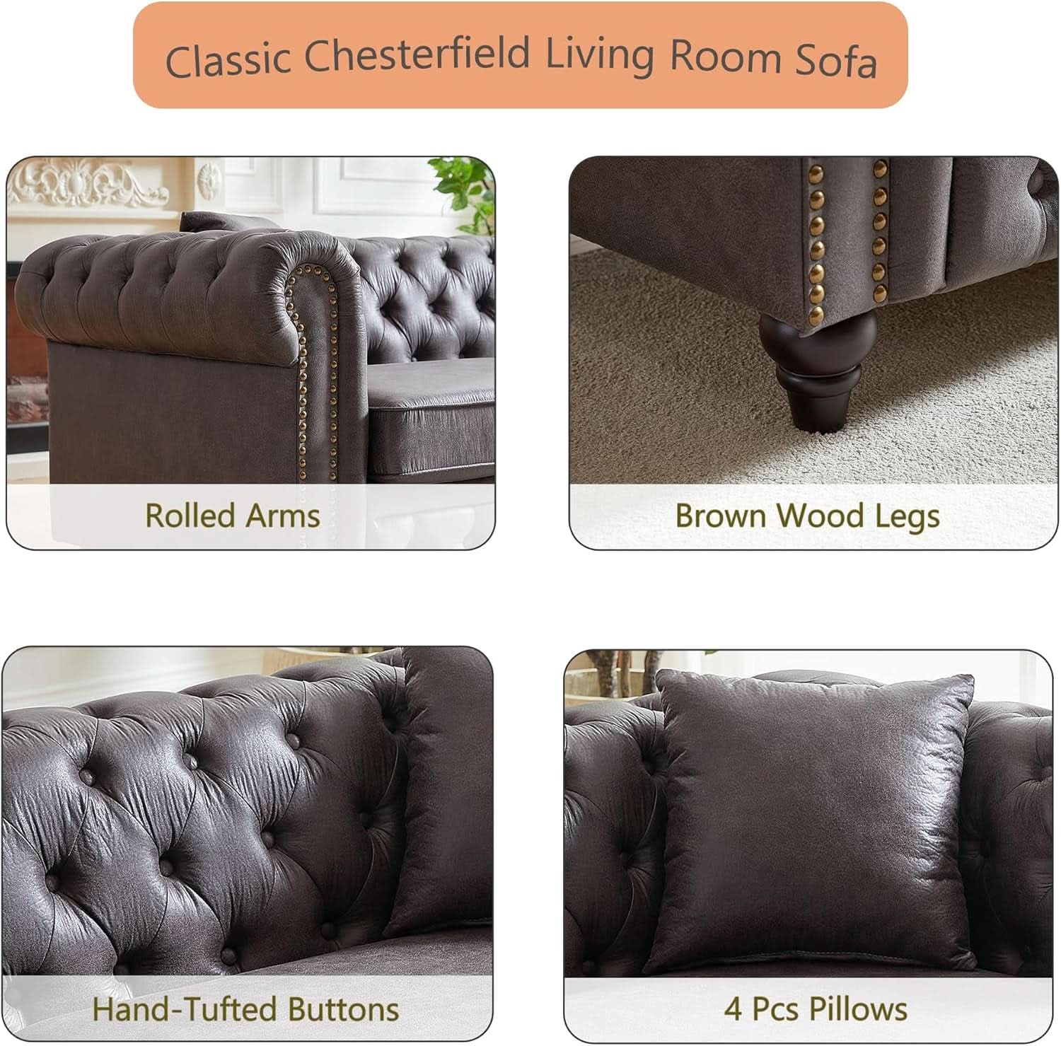 Tech Fabric Upholstered Living Room Sofa Set With Three Seater And Loveseat In Grey
