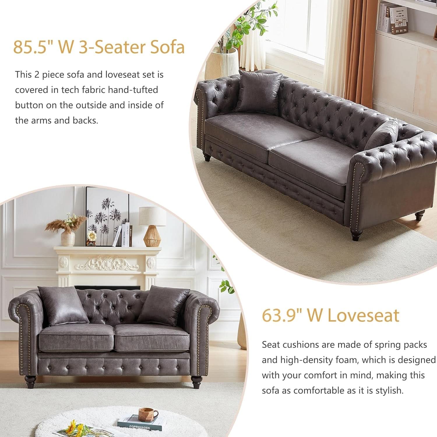Tech Fabric Upholstered Living Room Sofa Set With Three Seater And Loveseat In Grey