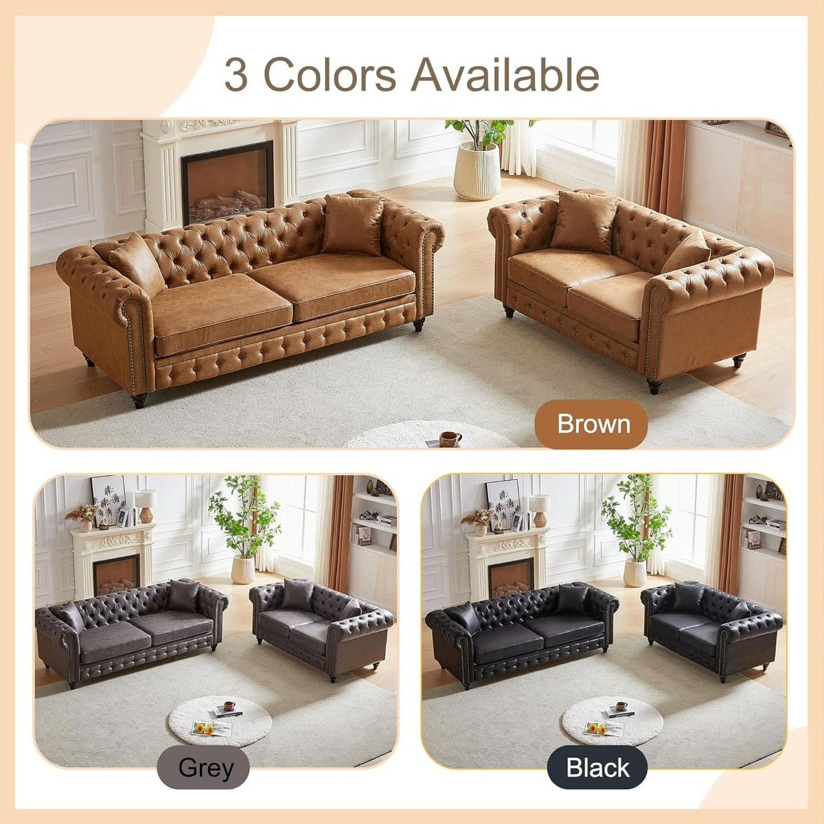 Tech Fabric Upholstered Living Room Sofa Set With Three Seater And Loveseat In Grey