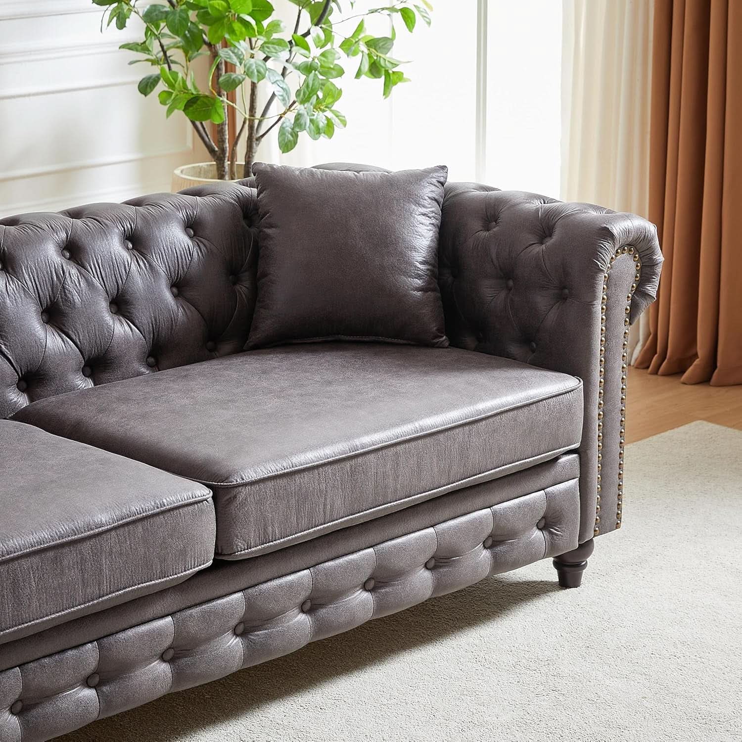 Tech Fabric Upholstered Living Room Sofa Set With Three Seater And Loveseat In Grey
