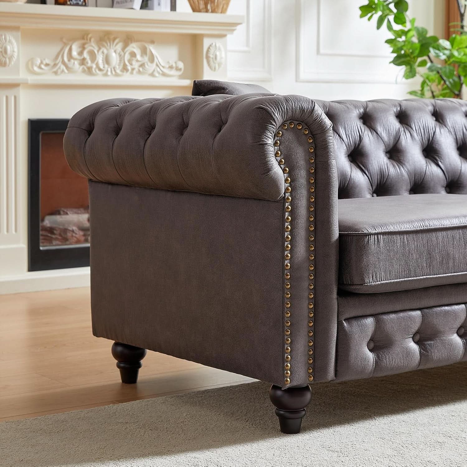 Tech Fabric Upholstered Living Room Sofa Set With Three Seater And Loveseat In Grey