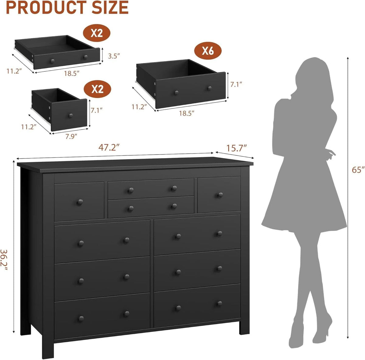 Ten Drawer Premium Hardwood Dresser Walnut Finishing