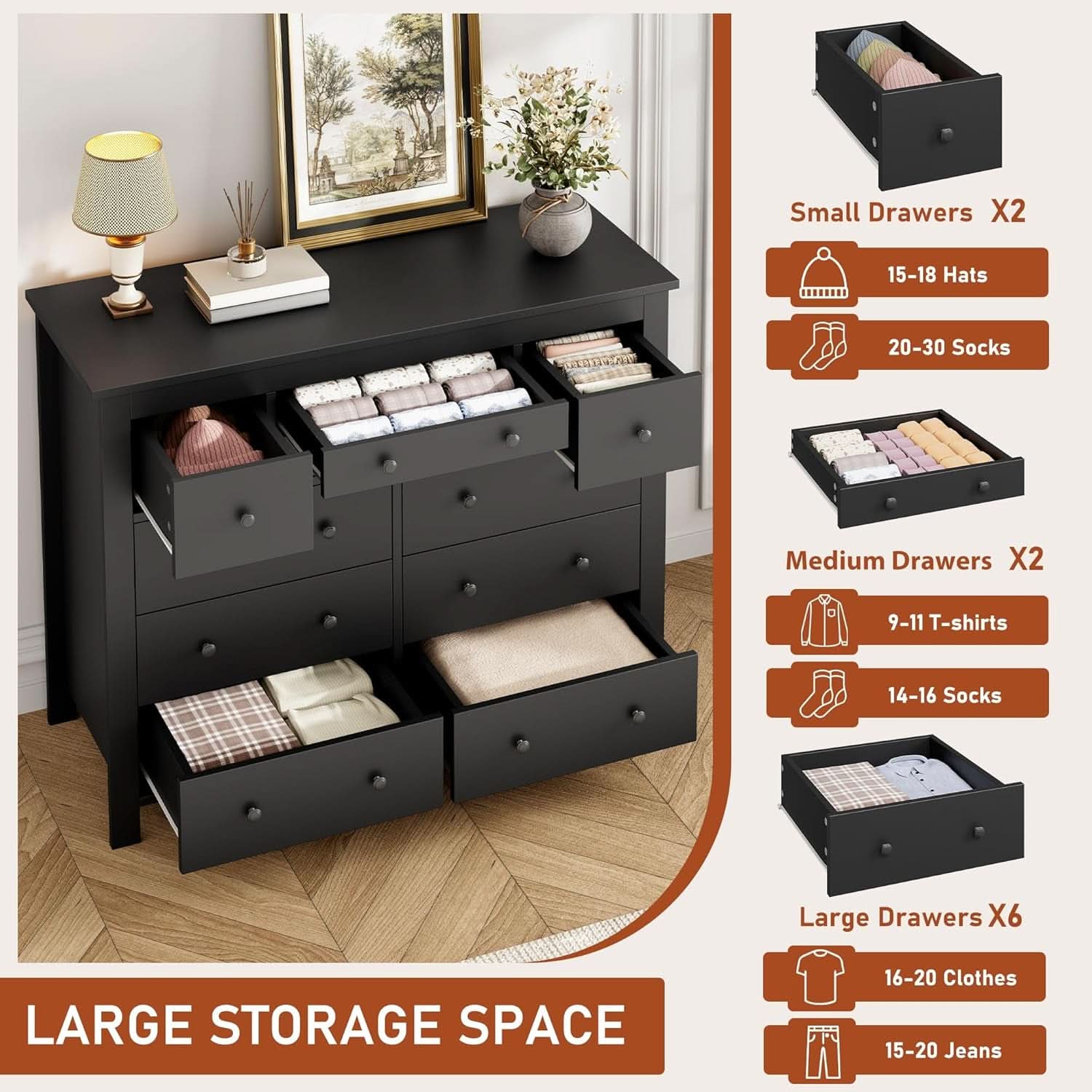Ten Drawer Premium Hardwood Dresser Walnut Finishing