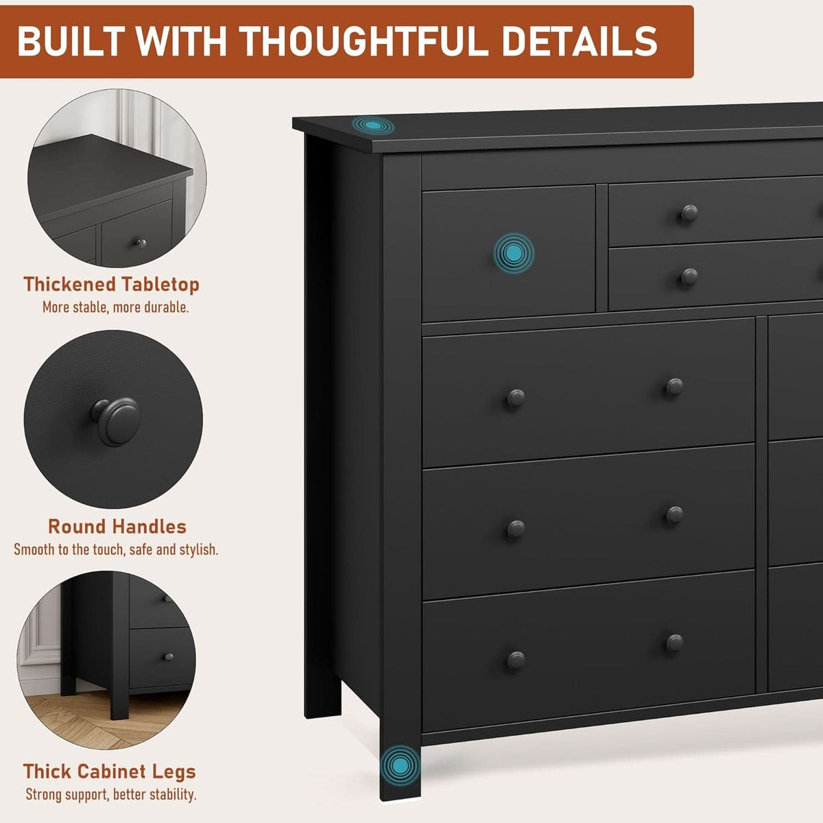 Ten Drawer Premium Hardwood Dresser Walnut Finishing