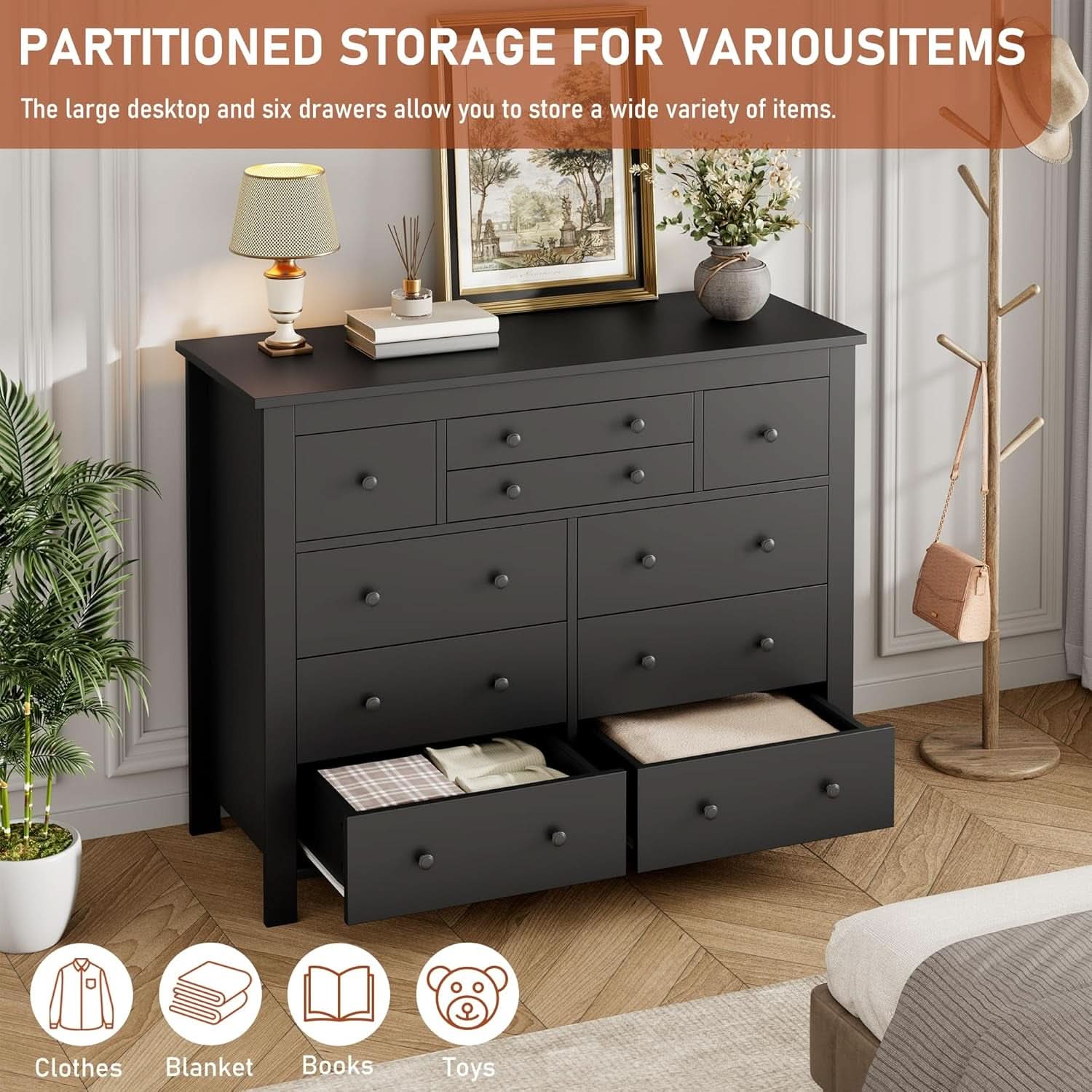 Ten Drawer Premium Hardwood Dresser Walnut Finishing