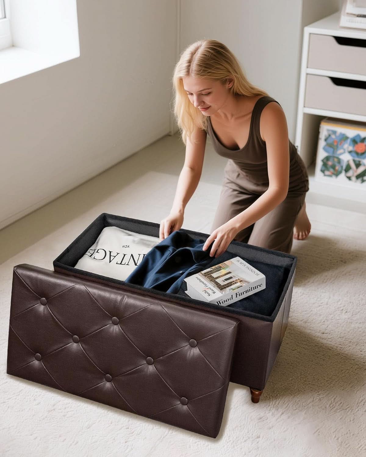 Thirty Inch Durable Storage Ottoman Bench Chest Brown