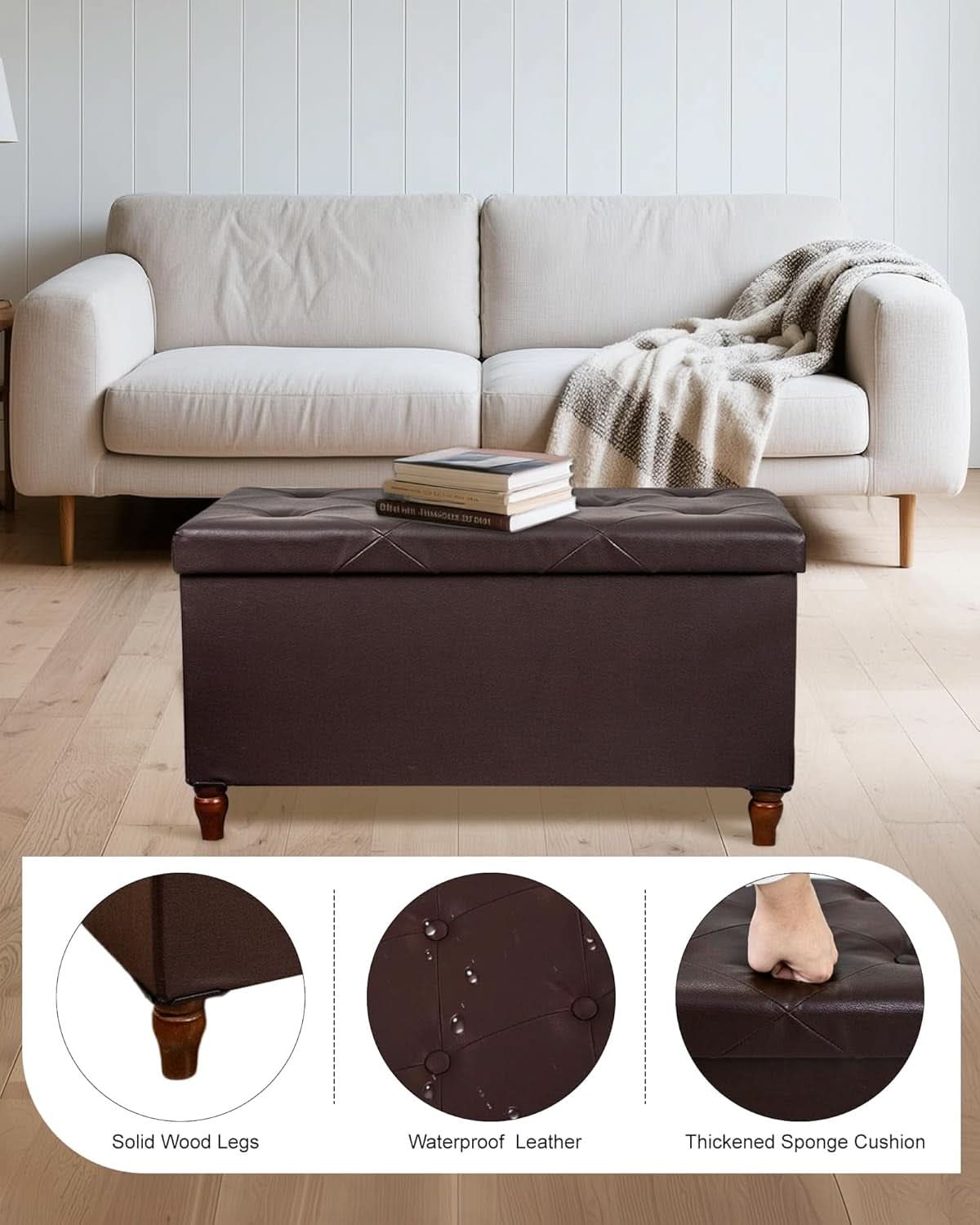 Thirty Inch Durable Storage Ottoman Bench Chest Brown
