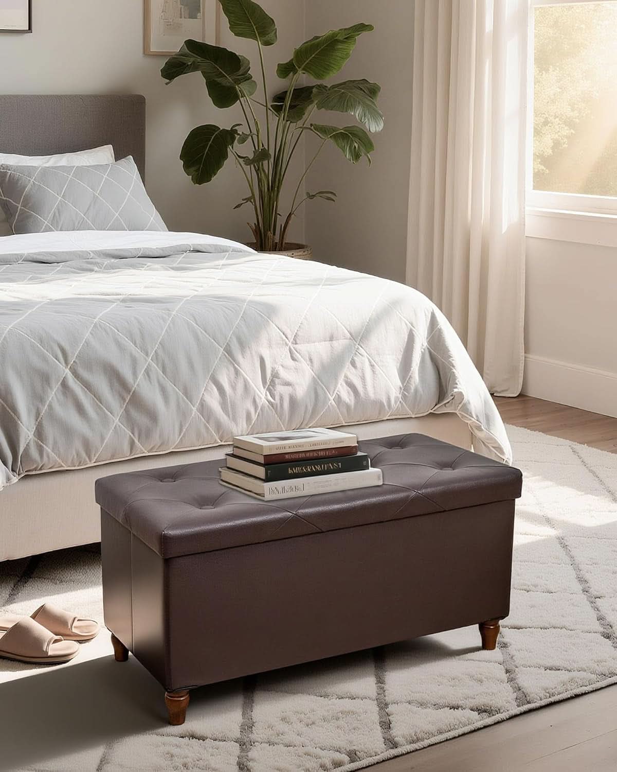 Thirty Inch Durable Storage Ottoman Bench Chest Brown