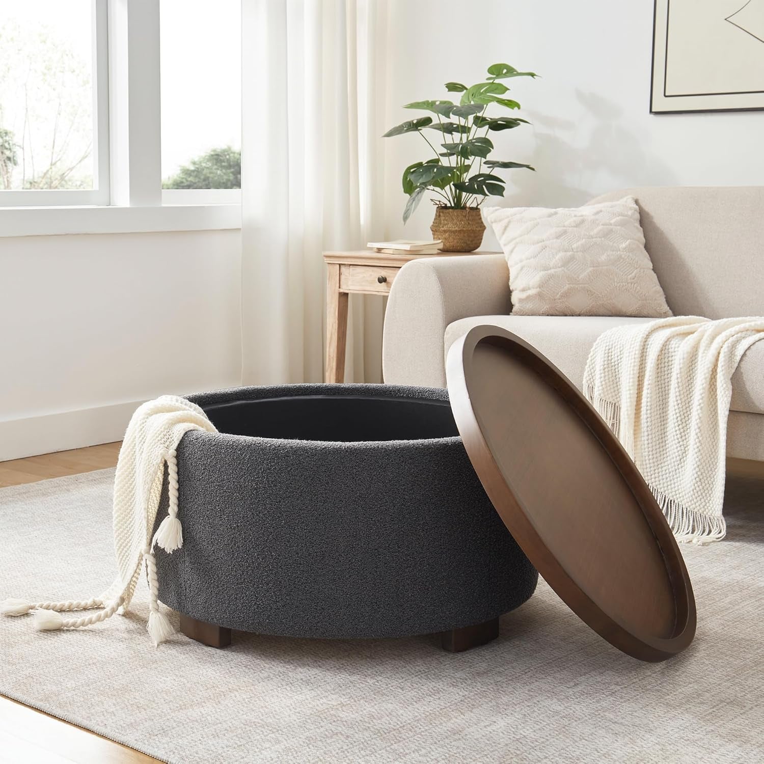Thirty Inch Round Storage Ottoman Grey Fabric Lift Lid