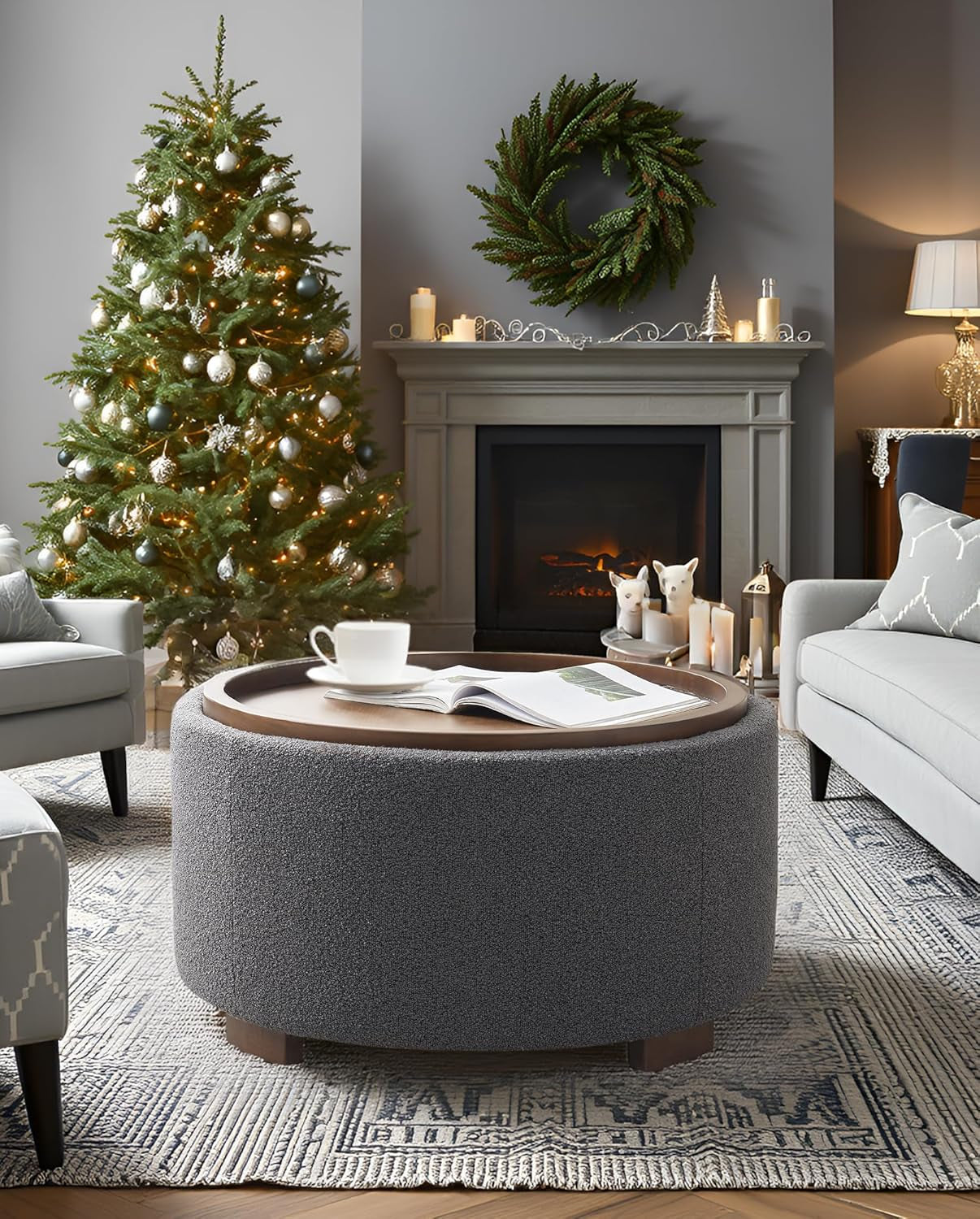 Thirty Inch Round Storage Ottoman Grey Fabric Lift Lid