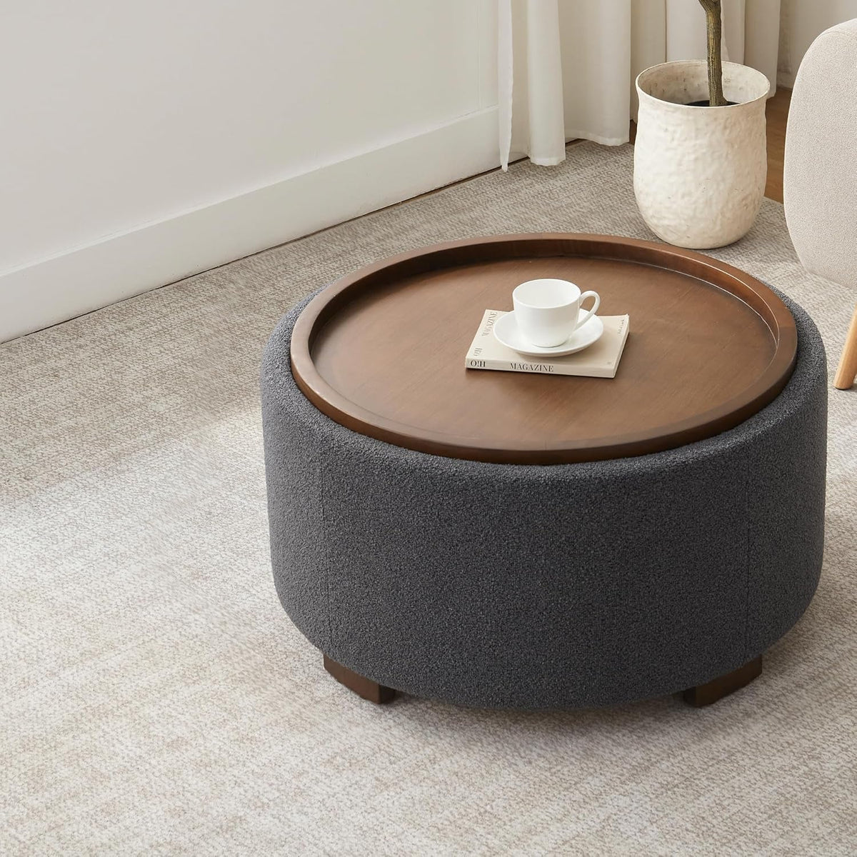Thirty Inch Round Storage Ottoman Grey Fabric Lift Lid