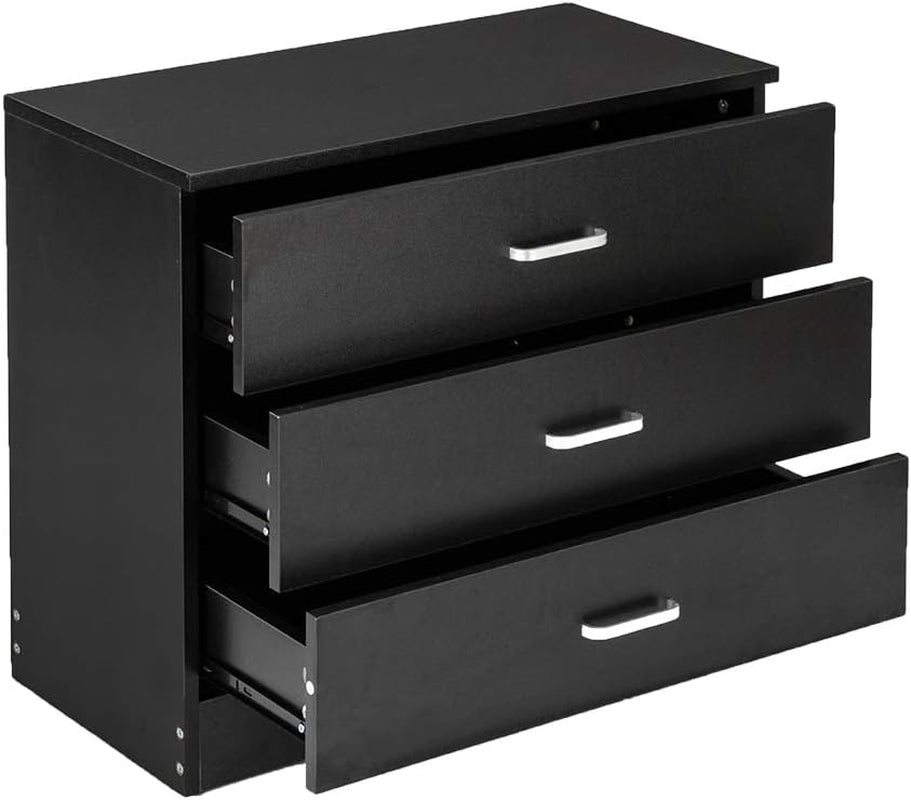 Three Drawer Dresser Black Wood Nightstand For Bedroom Living Room Modern Storage Chest Of Drawers