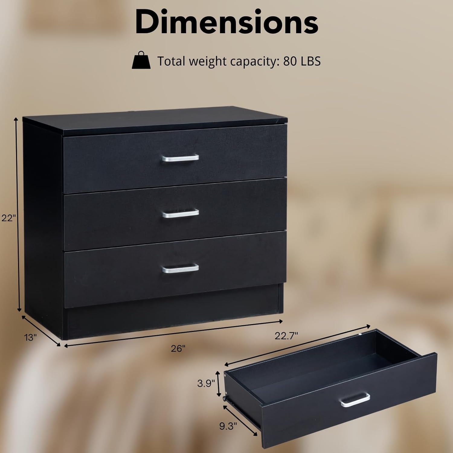 Three Drawer Dresser Black Wood Nightstand For Bedroom Living Room Modern Storage Chest Of Drawers
