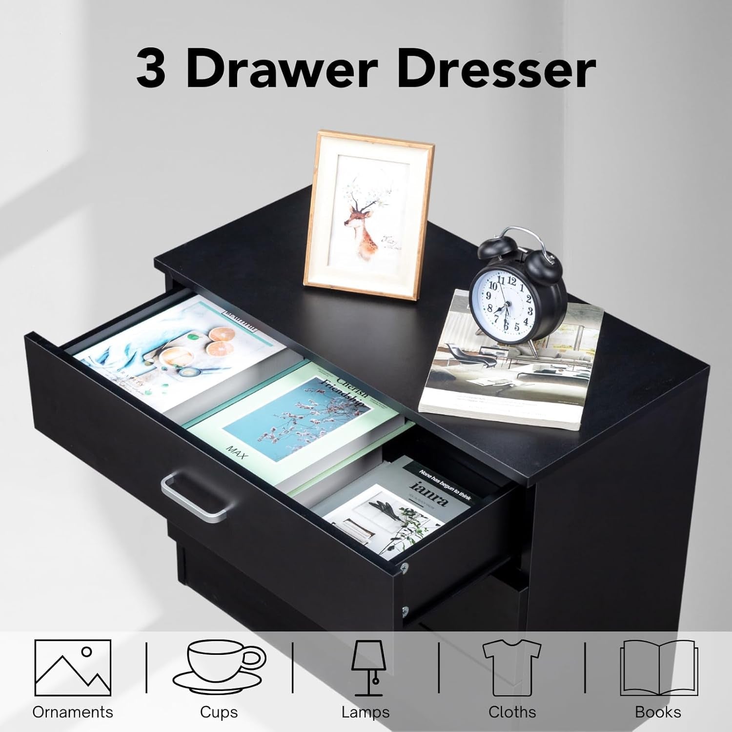 Three Drawer Dresser Black Wood Nightstand For Bedroom Living Room Modern Storage Chest Of Drawers