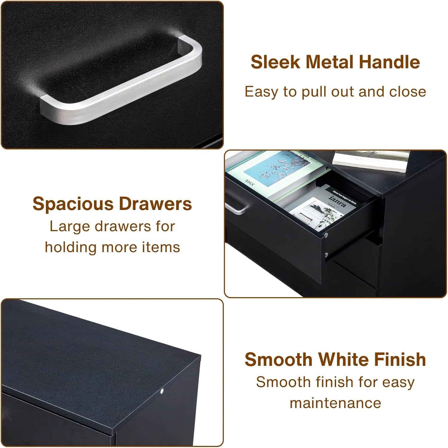 Three Drawer Dresser Black Wood Nightstand For Bedroom Living Room Modern Storage Chest Of Drawers
