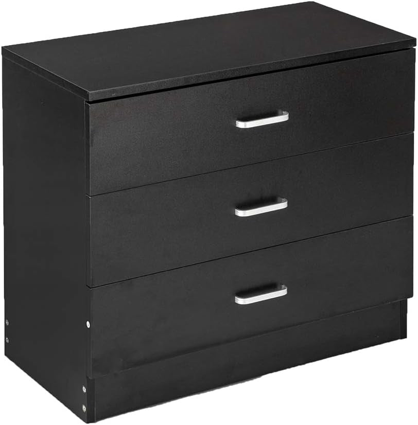 Three Drawer Dresser Black Wood Nightstand For Bedroom Living Room Modern Storage Chest Of Drawers